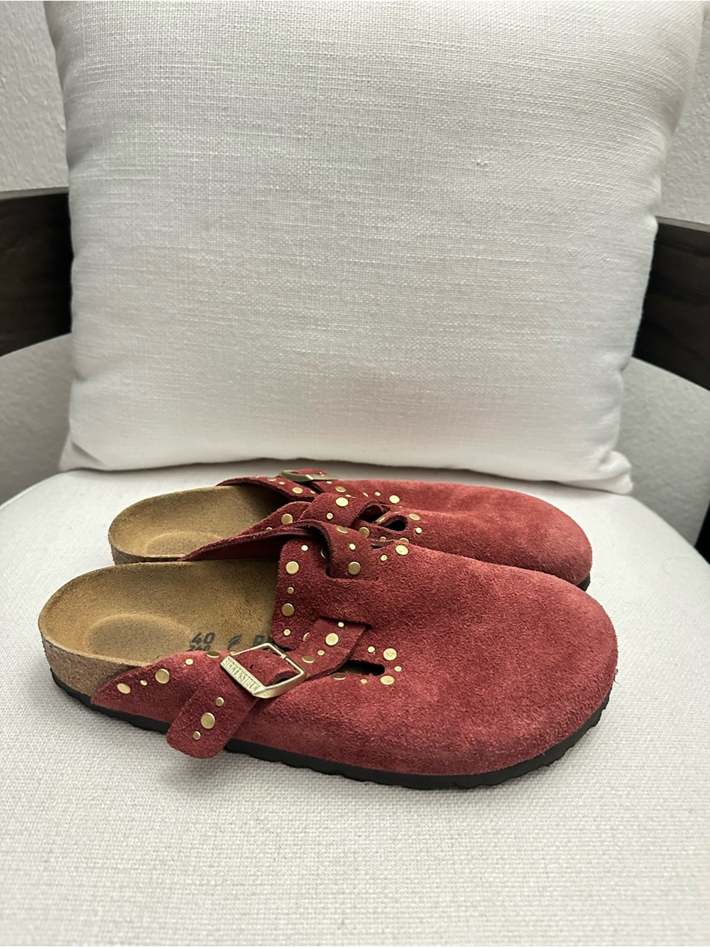 Birkenstock Red Suede Studded Clog Mule with Buckle - Picture 4 of 5